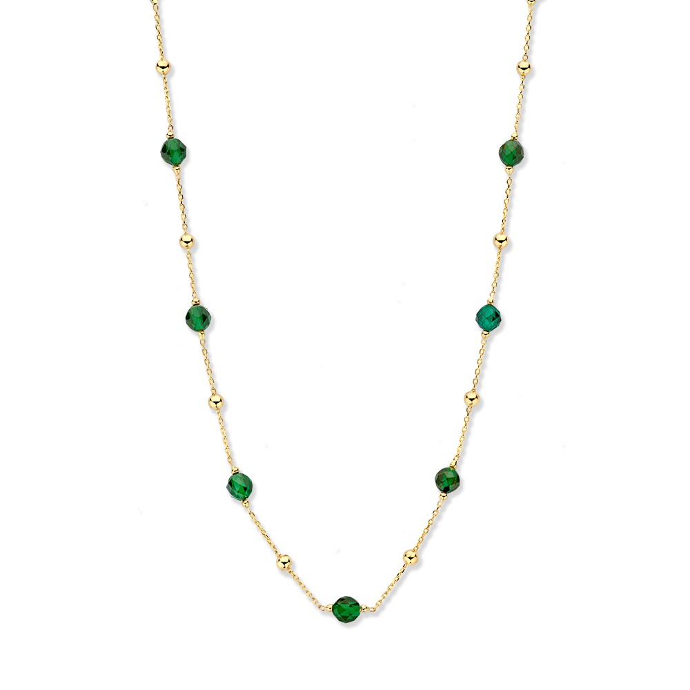 Geelgouden collier met gouden en groene zirkonia bolletjes.
