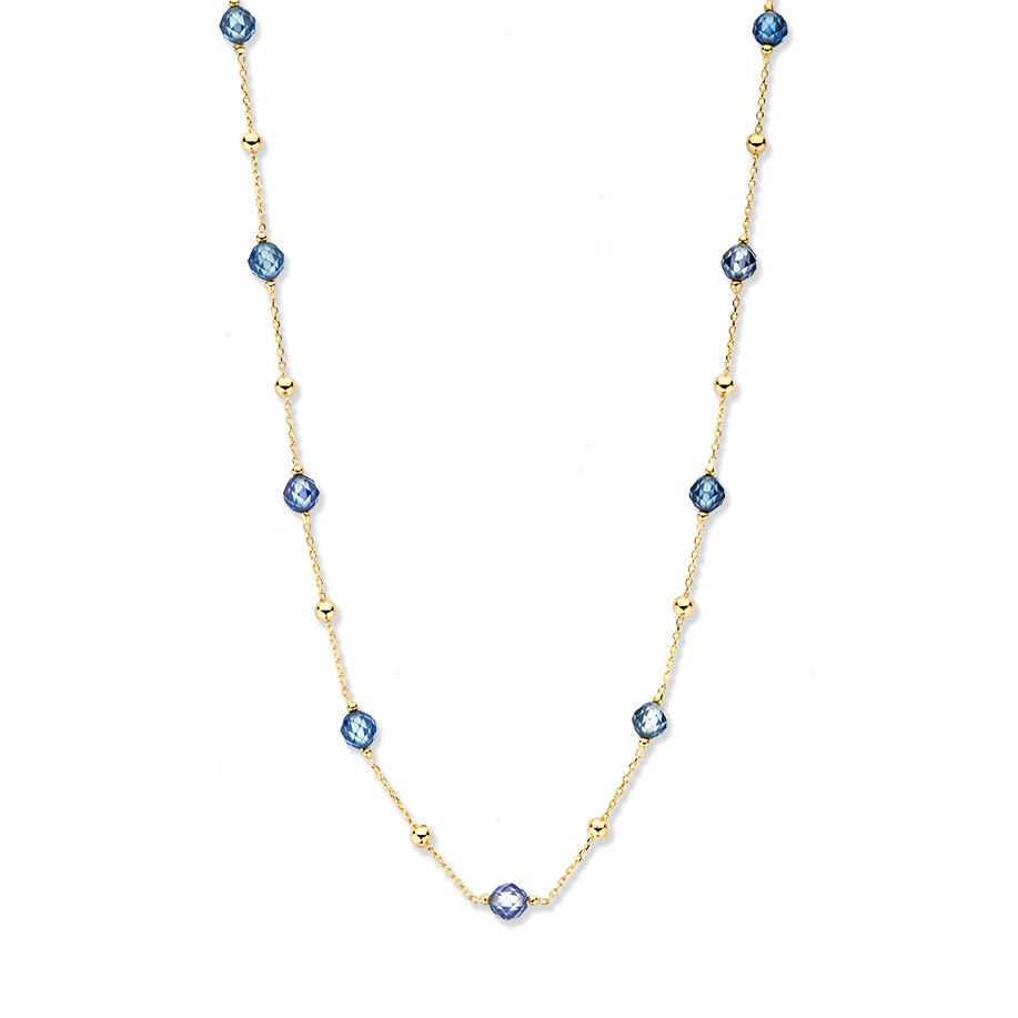 Geelgouden collier metgouden en blauwe zirkonia bolletjes.
