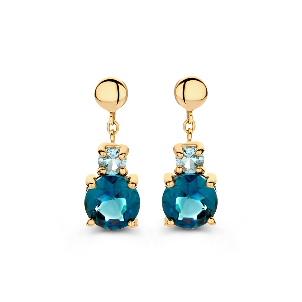 Prachtige gouden oorbellen met hangende topazen (blauwe en london blue topaas).
