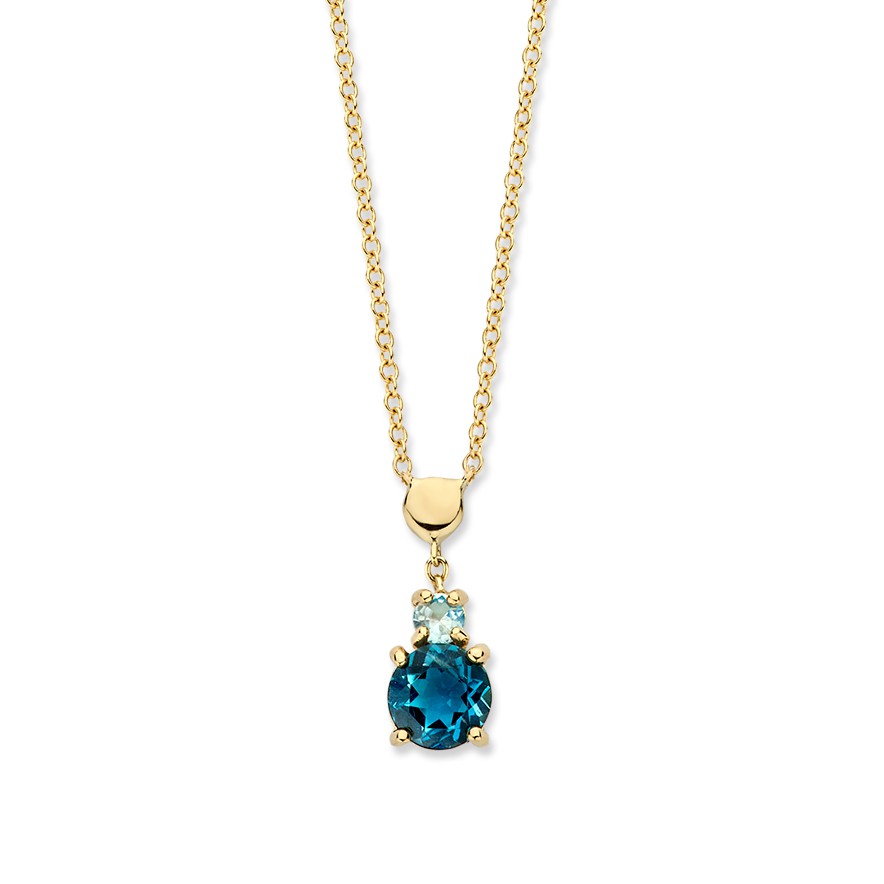 Geelgouden collier met topaas en london blue topaas.
