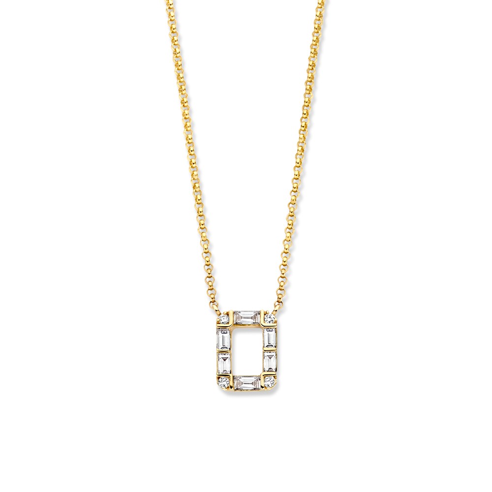 Geelgouden collier met bijzondere diamanten hanger, gezet met briljant en baguette geslepen diamanten.
