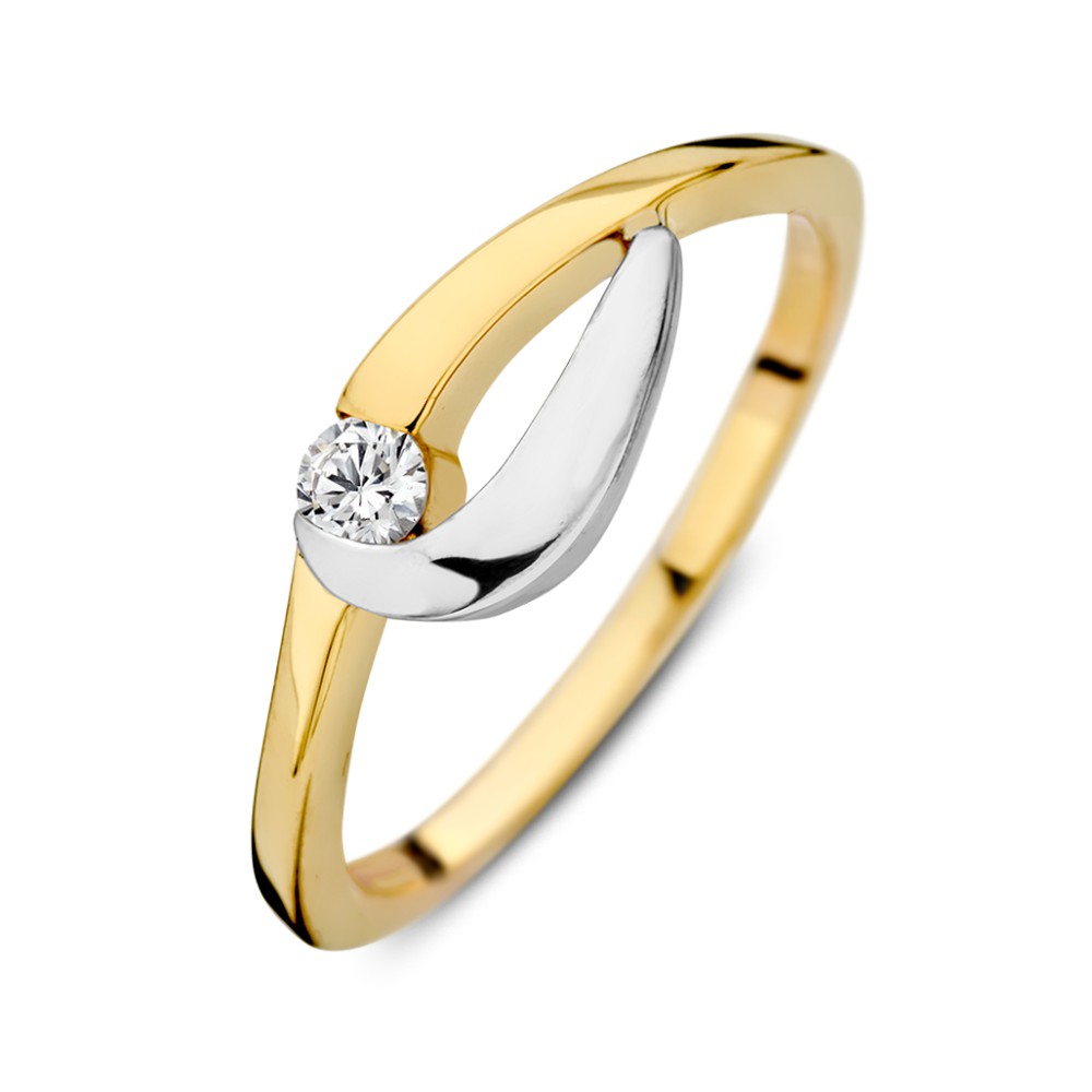 Bicolor wit- en geelgouden ring met zirkonia.

