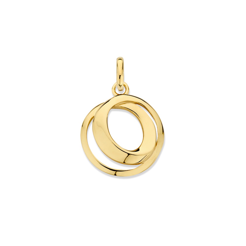 Geelgouden hanger met twee verbonden cirkels.
