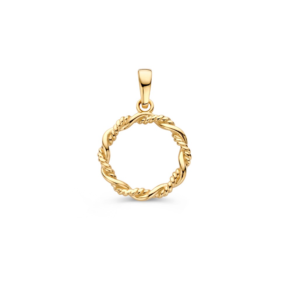 Geelgouden hanger met een gevlochtenband in een cirkel.
