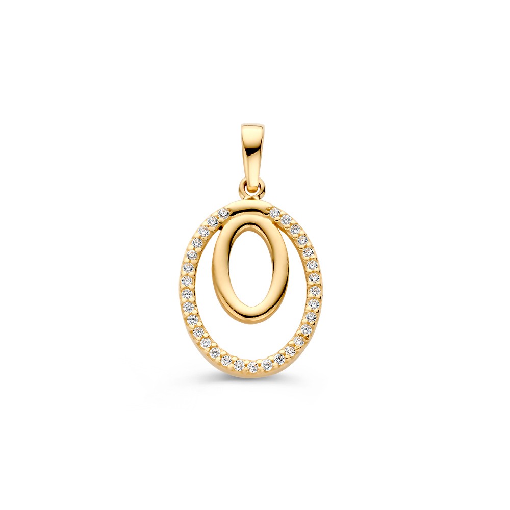 Geelgouden hanger van twee met elkaar verbonden ovale circkels. De buitenste cirkel is gezet met zirkonia's.
