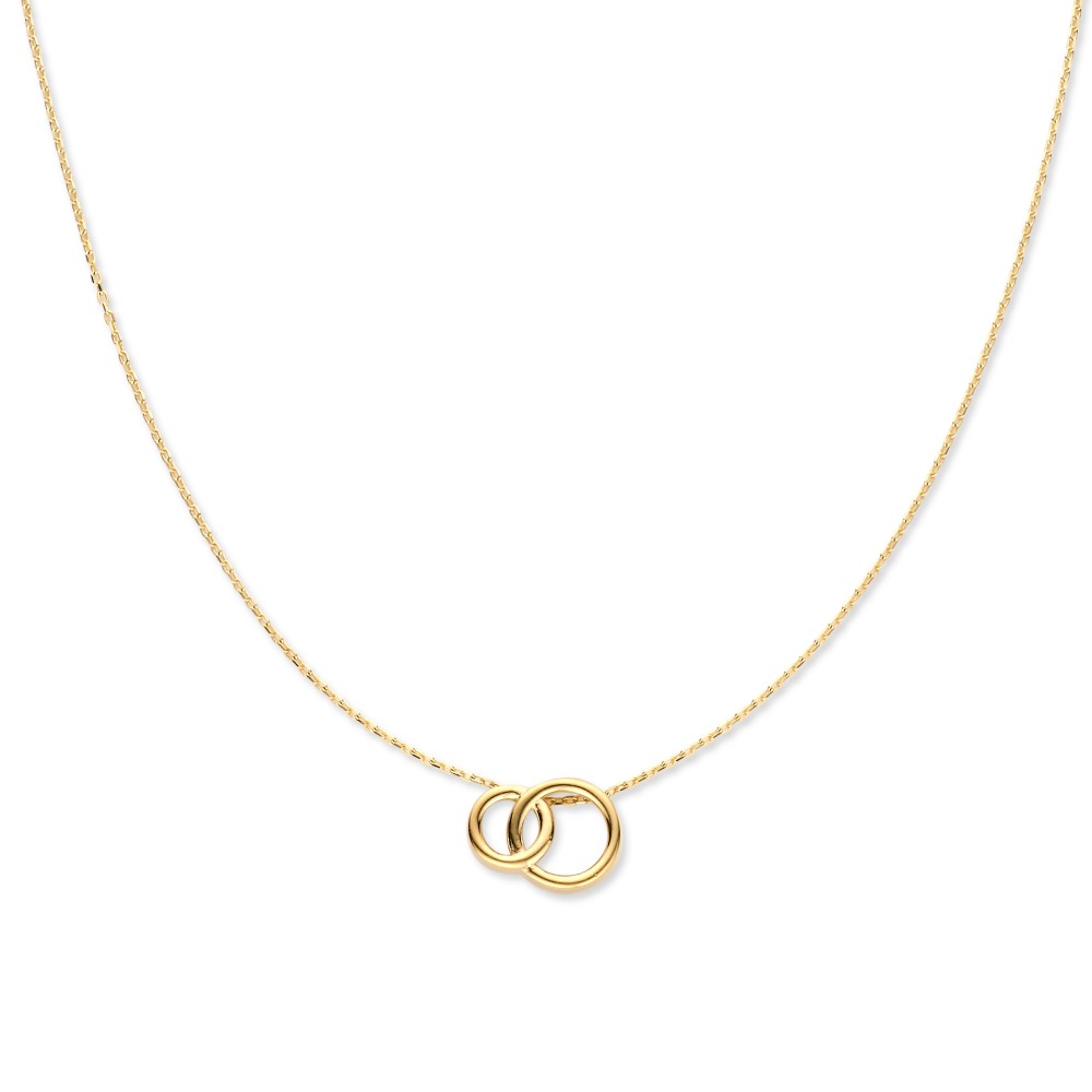 Fijn geelgouden collier met een hanger van twee verbonden cirkels.
