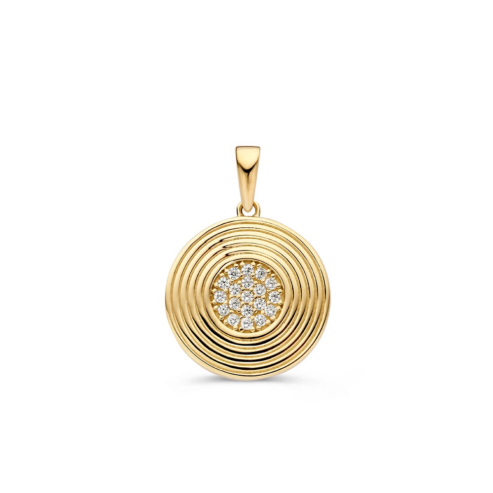 Ronde, geelgouden hanger met bewerkte rand en een hart van zirkonia's.
