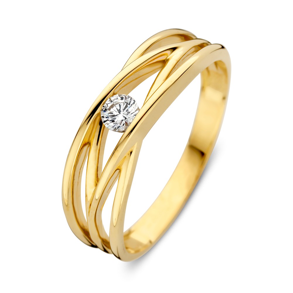 Geelgouden ring met gekruiste banen goud en een fijne zirkonia.
