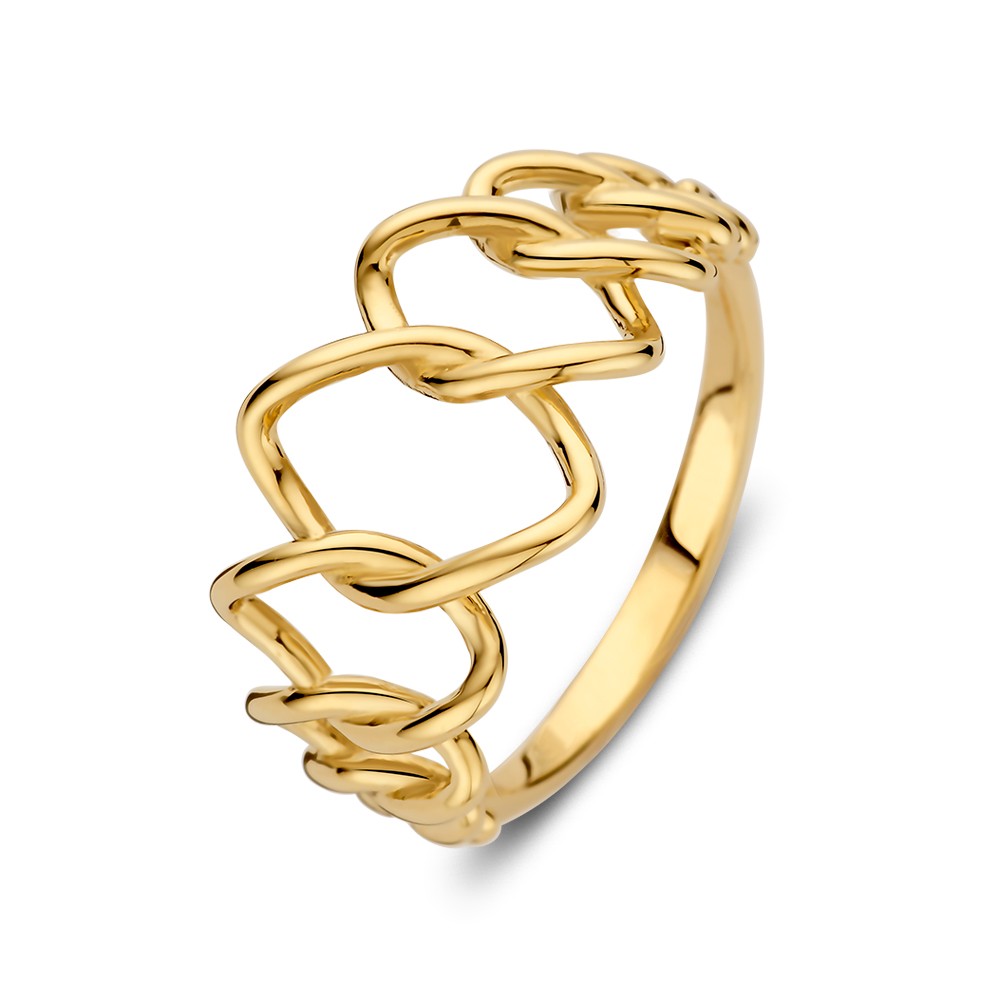 Speelse geelgouden ring met open design.
