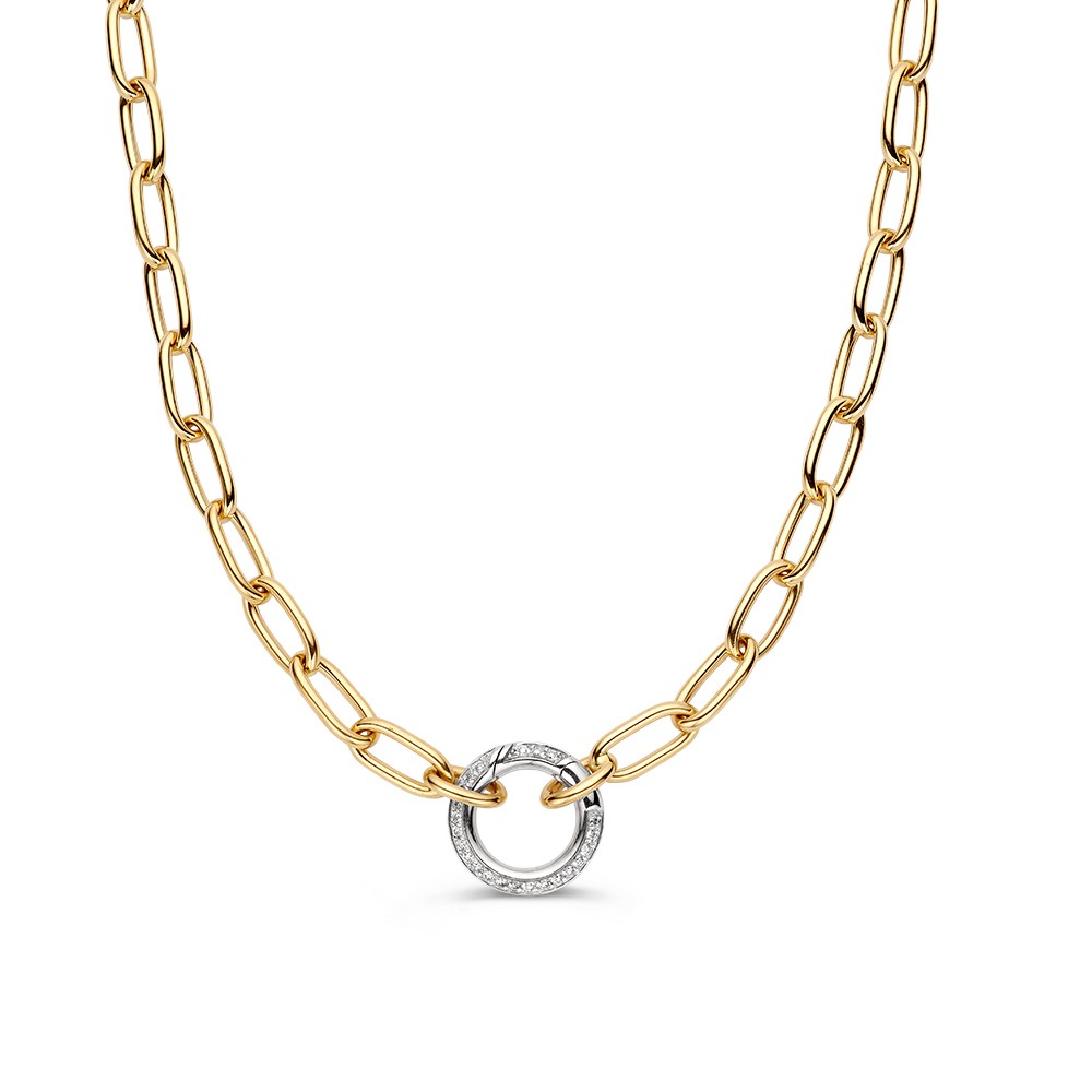 Prachtig geelgouden schakelcollier met een opvallendewitgouden veerslot gezet met fonkelende diamanten.
