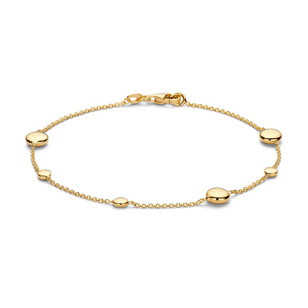 Geelgouden armband met speelse ronde elementen in afwisselende groottes.
