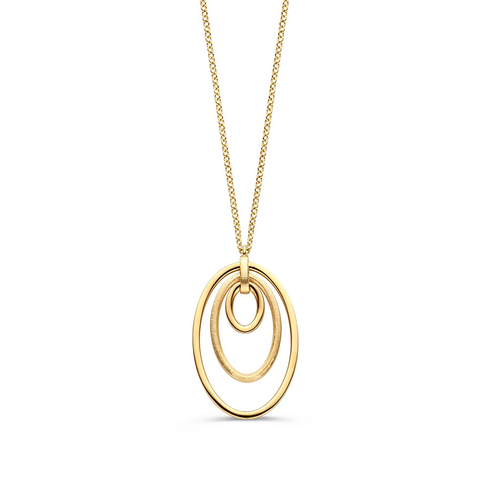 Geelgouden collier met opvallende hanger van drie ovale elementen die in elkaar vallen. Het middelste element is gematteerd afgewerkt.
