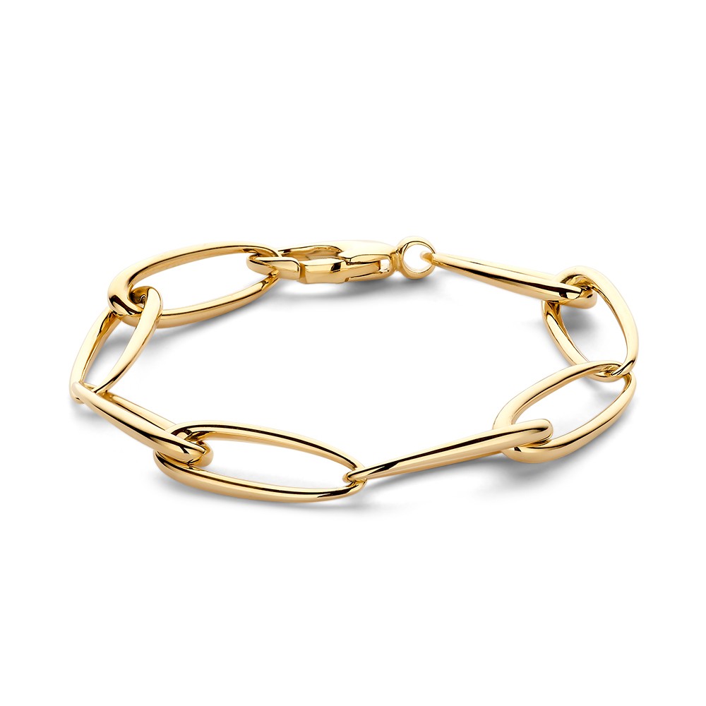 Geelgouden schakelarmband met prachtige a-symmetrische schakels voor een speels effect.
