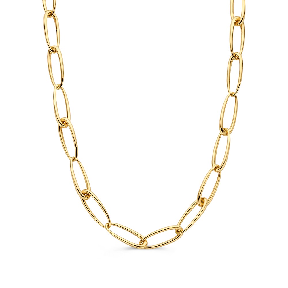 Geelgouden schakelcollier met prachtige a-symmetrische schakels voor een speels effect.
