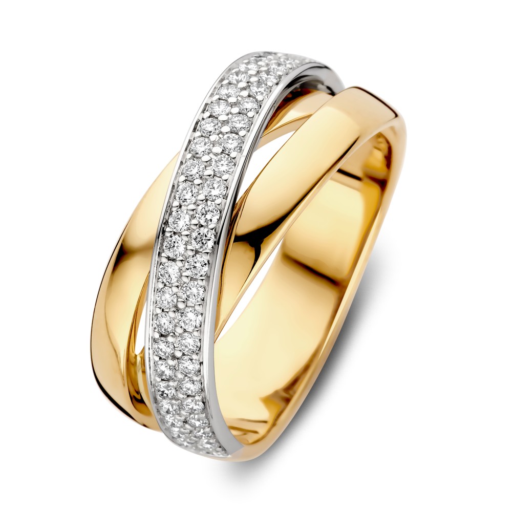 Luxe crossover ring met een witgouden baan gezet met fonkelend briljant.
