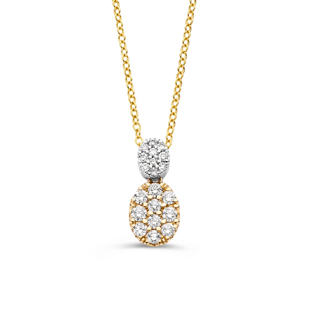 Elegant collier met een diamanten hanger van een kleiner witgouden en groter geelgouden ovaaltje met diamanten gezet in pavézetting voor een schitterende look.
