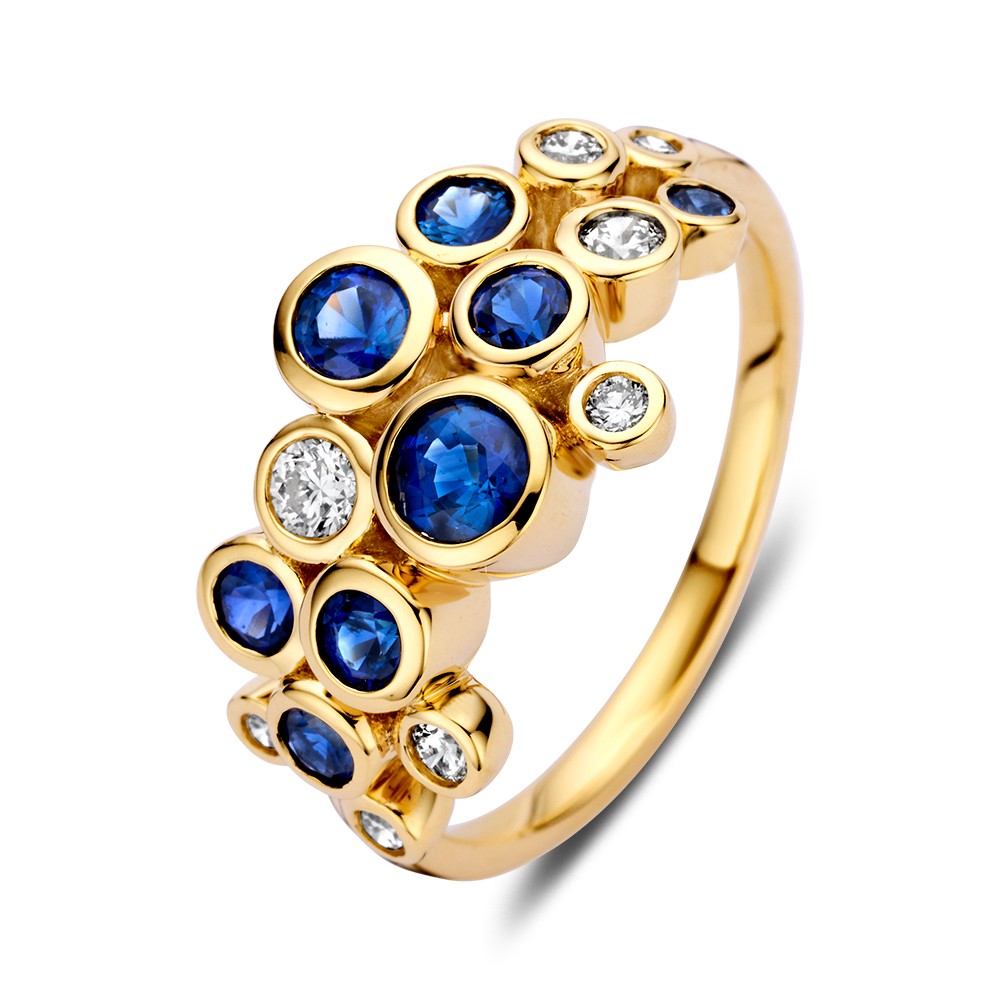 Stijlvolle, gouden ring uit onze 'Bubbles'-collectie, de ring is versierd met saffieren en diamanten in stijlvolle gouden zetkastjes, speels variërend in grootte.
