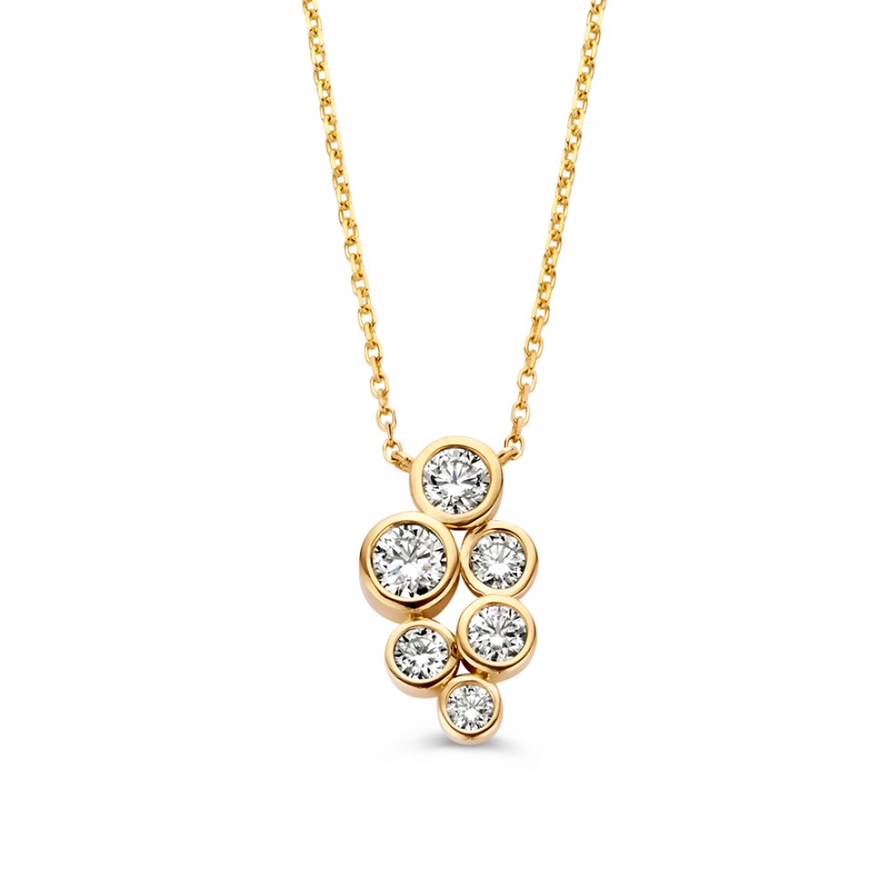 Schitterende, gouden collier uit onze 'Bubbles'-collectie, de hanger is versierd met zesdiamanten in stijlvolle gouden zetkastjes, speels variërend in grootte.
