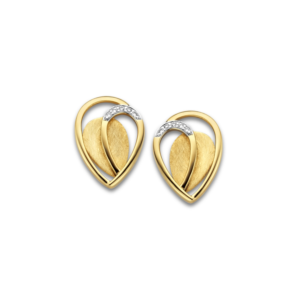 Matte oorsteker geelgoud 18Kt met echte diamanten 0.03Ct