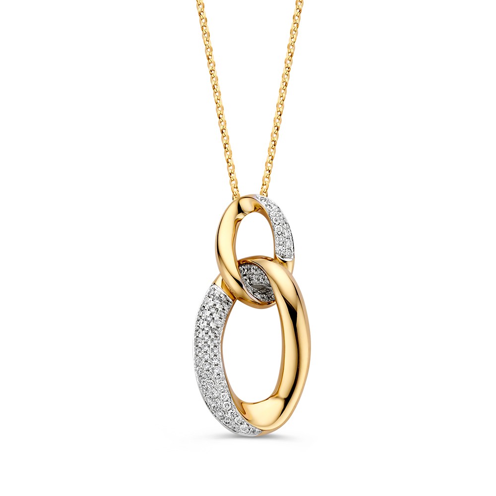 Luxe geelgouden schakelhanger versierd met fonkelende diamanten. De hanger wordt geleverd met een elegant, geelgouden collier met ankerschakel.

