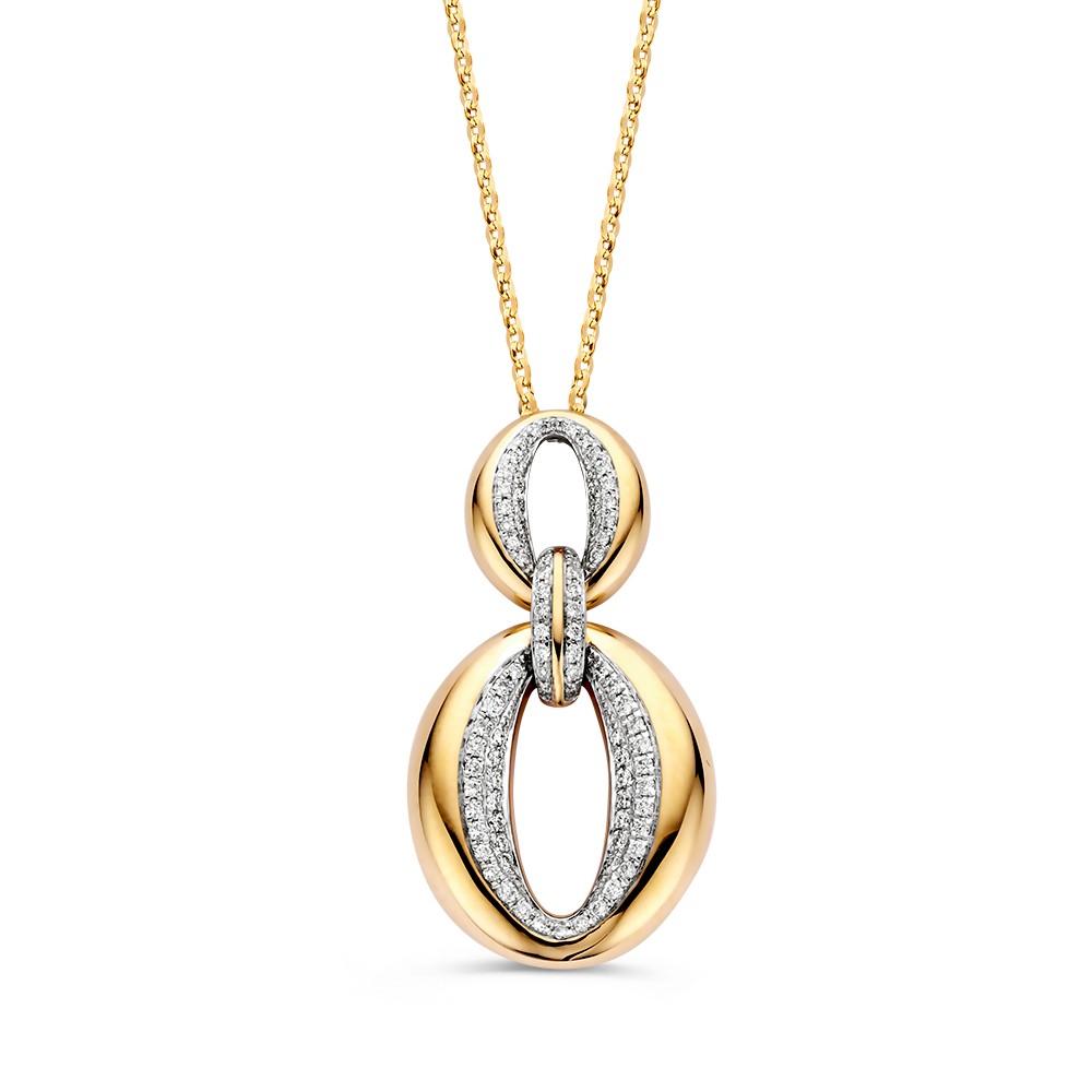 Luxe geelgouden hanger versierd met fonkelende diamanten. De hanger wordt geleverd met een elegant, geelgouden collier met ankerschakel.
