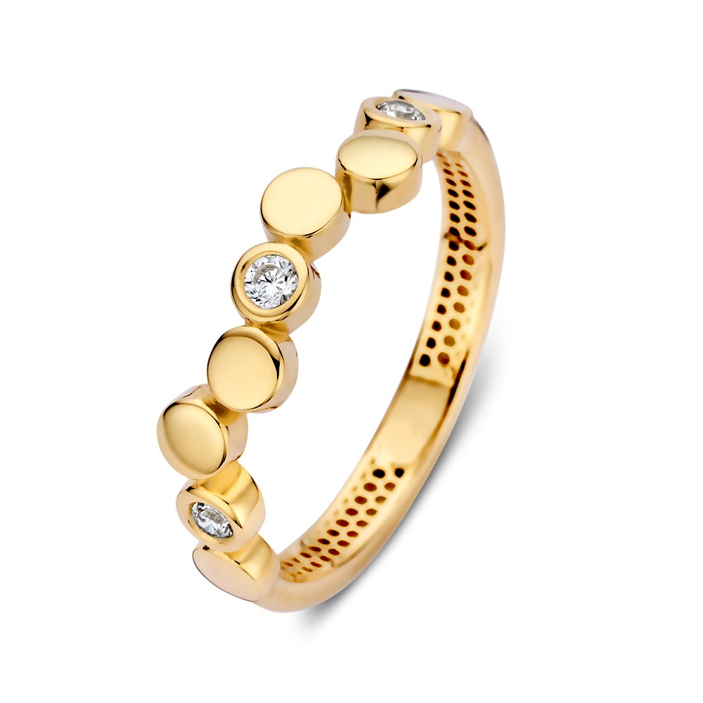 Geelgouden ring met speelse ronde elementen, waarvan een aantal gezet met zirkonia's voor een fonkelende look.
