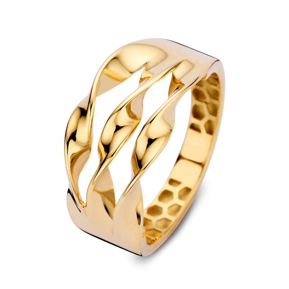 Brede geelgouden ring met drie gouden banen met een twist.
