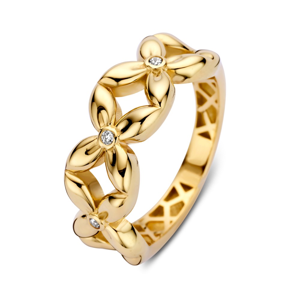 Brede geelgouden ring met een ontwerp van bloemen met een hart van zirkonia.
