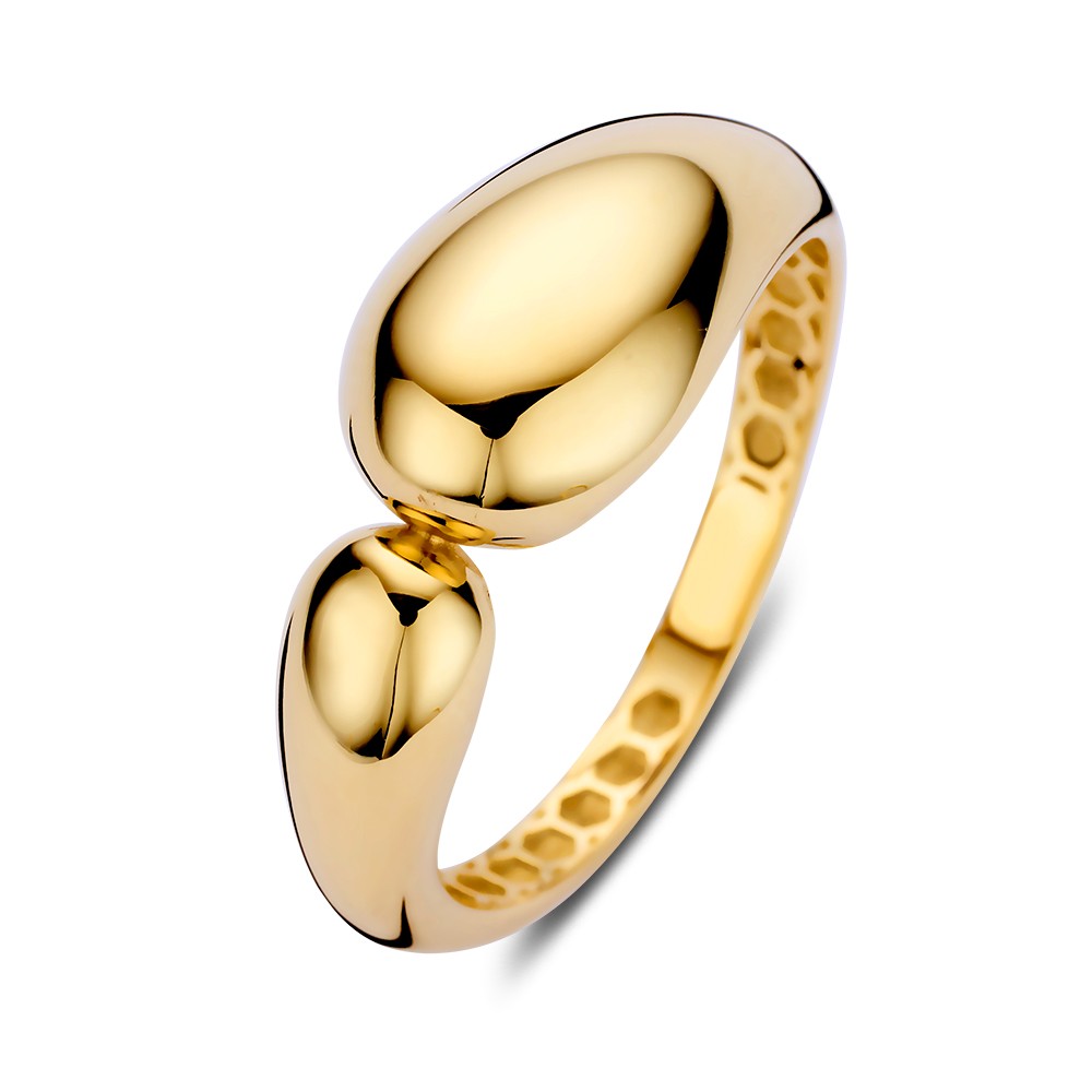 Opvallende geelgouden ring met a-symmetrisch ontwerp.
