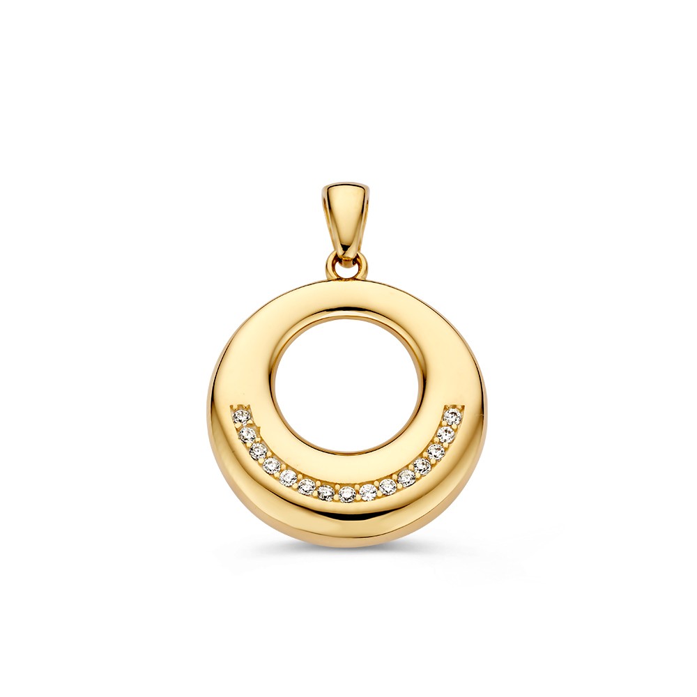 Ronde, geelgouden hanger met zirkonia's
