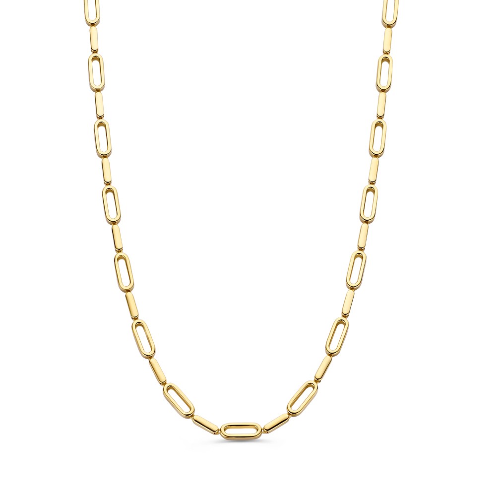 Geelgouden schakelcollier met speelse schakels.
