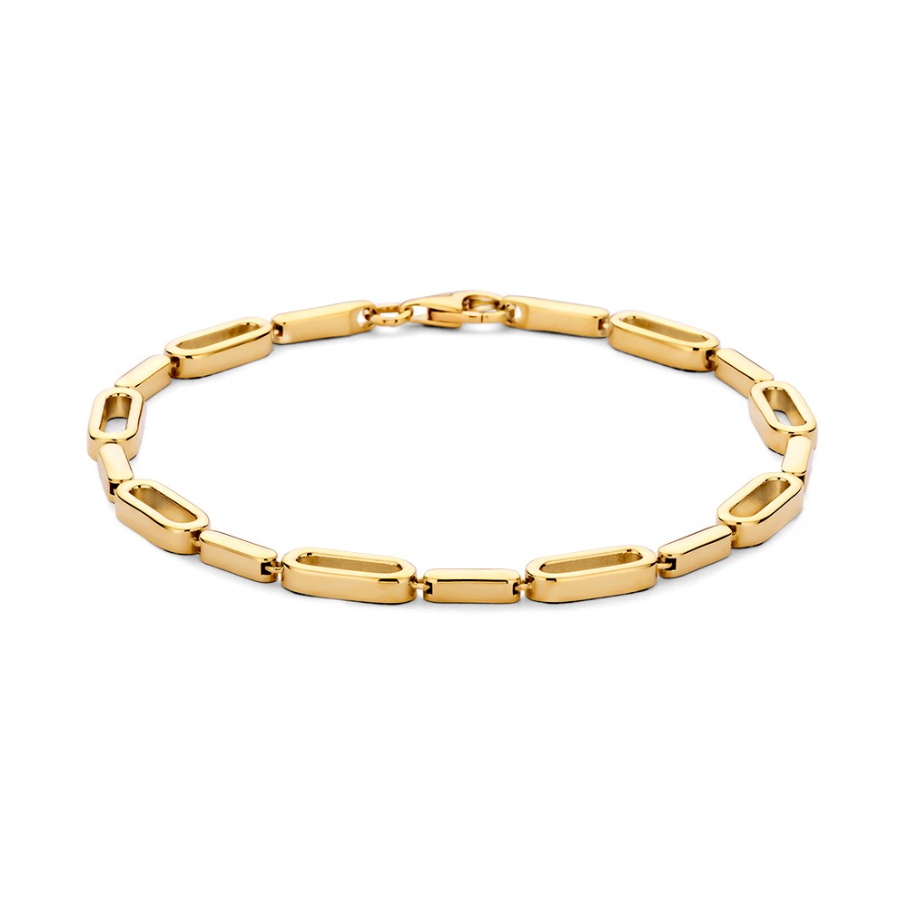 Speelse geelgouden schakelarmband.
