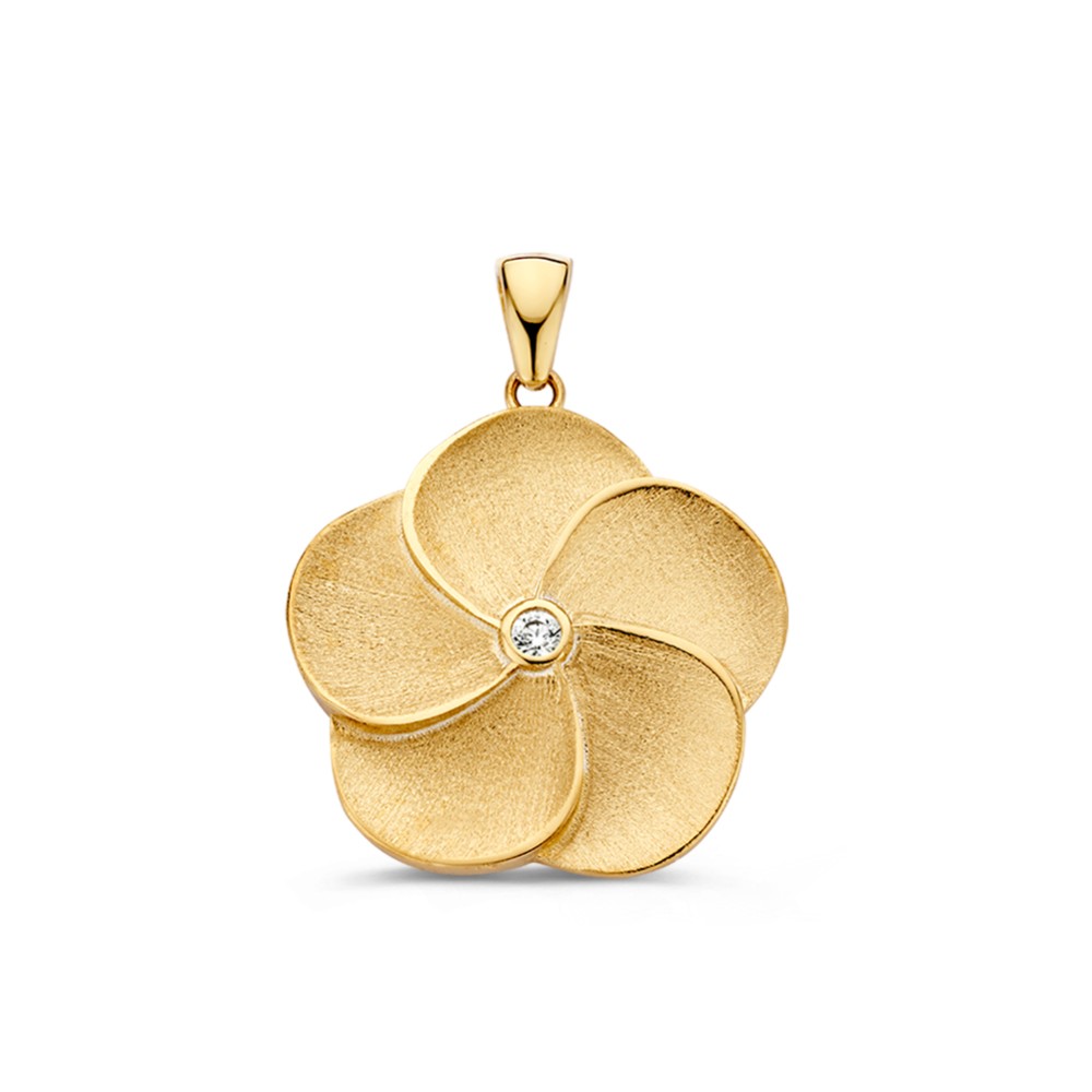 Gouden bloemhanger met gematteerde finish en een zirkonia in het hart van de bloem.
