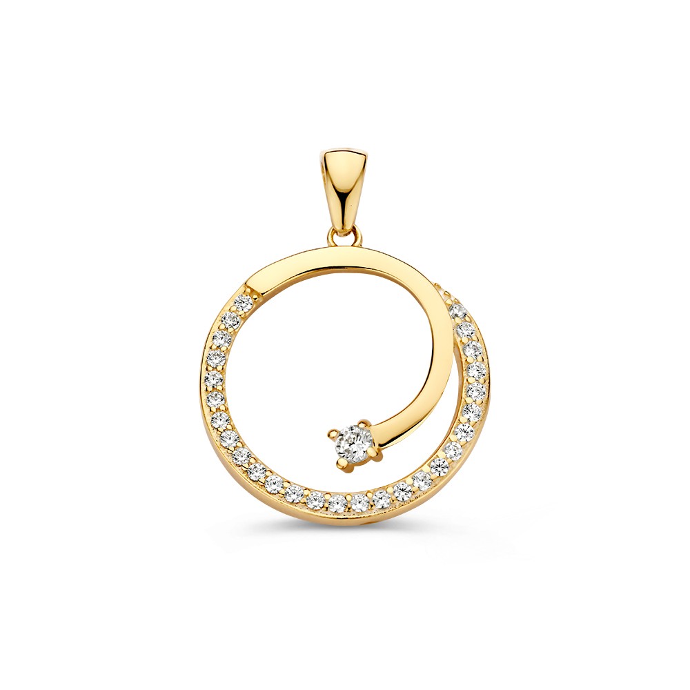 Speelse ronde, gouden hanger, gezet met zirkonia's.
