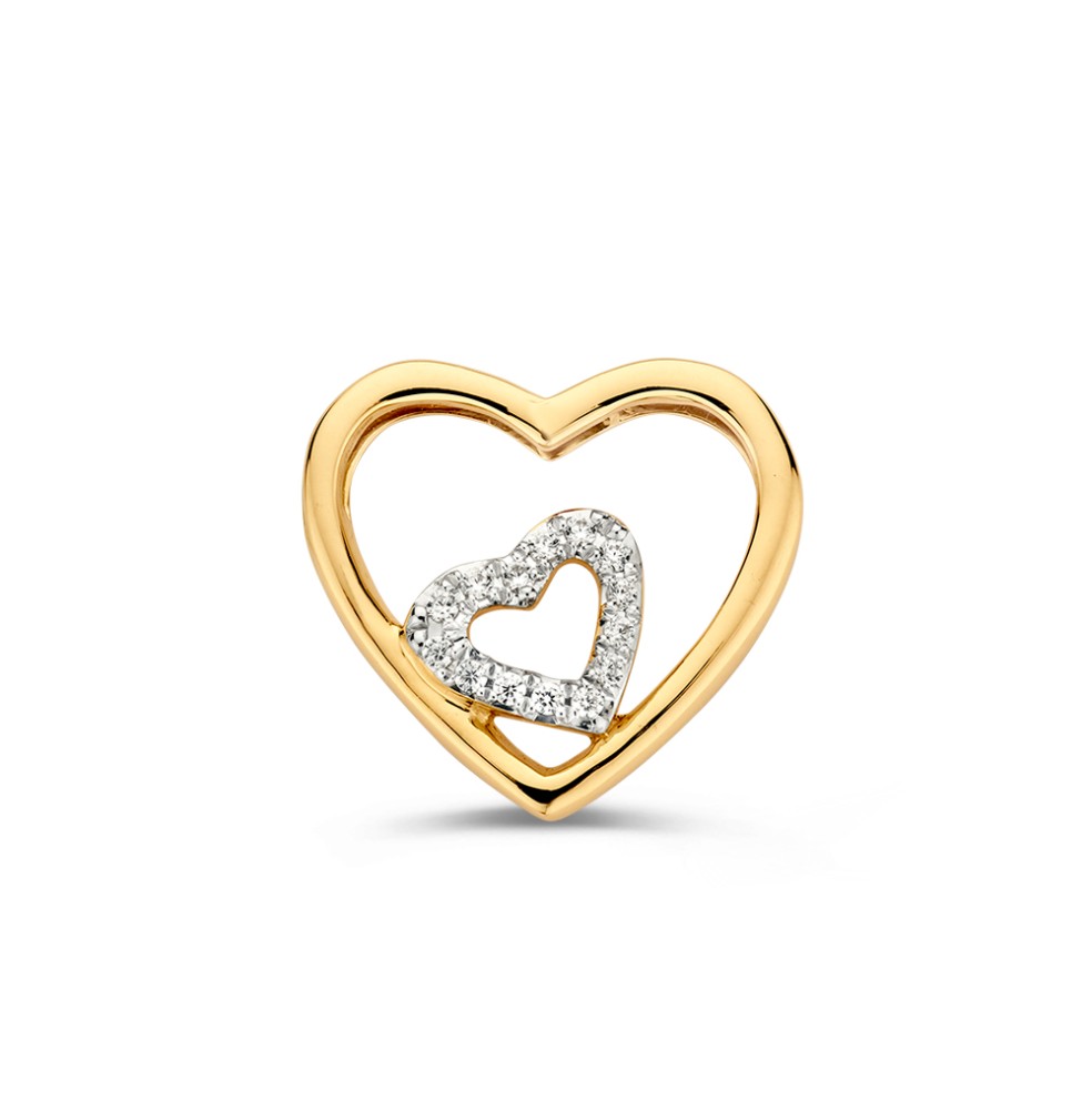 Speelse gouden hanger met twee in elkaar verweven hartjes.
