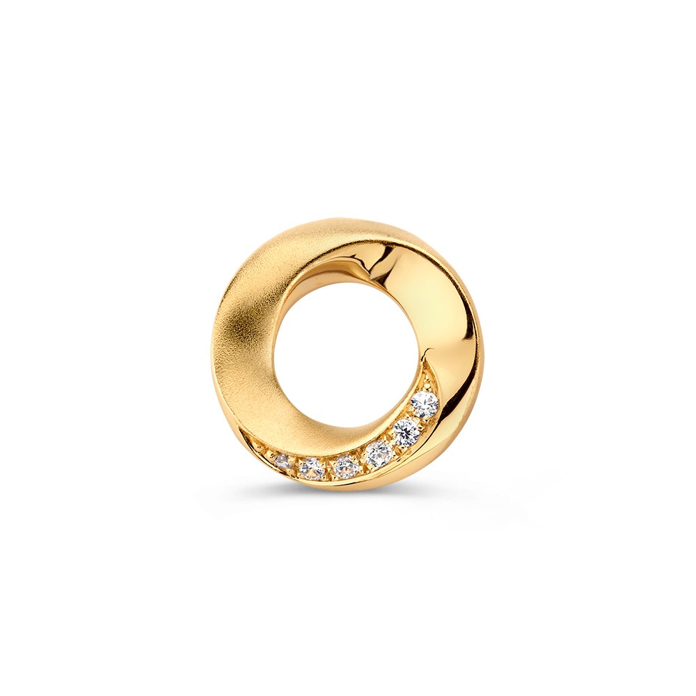 Geelgouden hanger met gedraaide band en gezet met zirkonia's. De hanger heeft een gematteerde afwerking.
