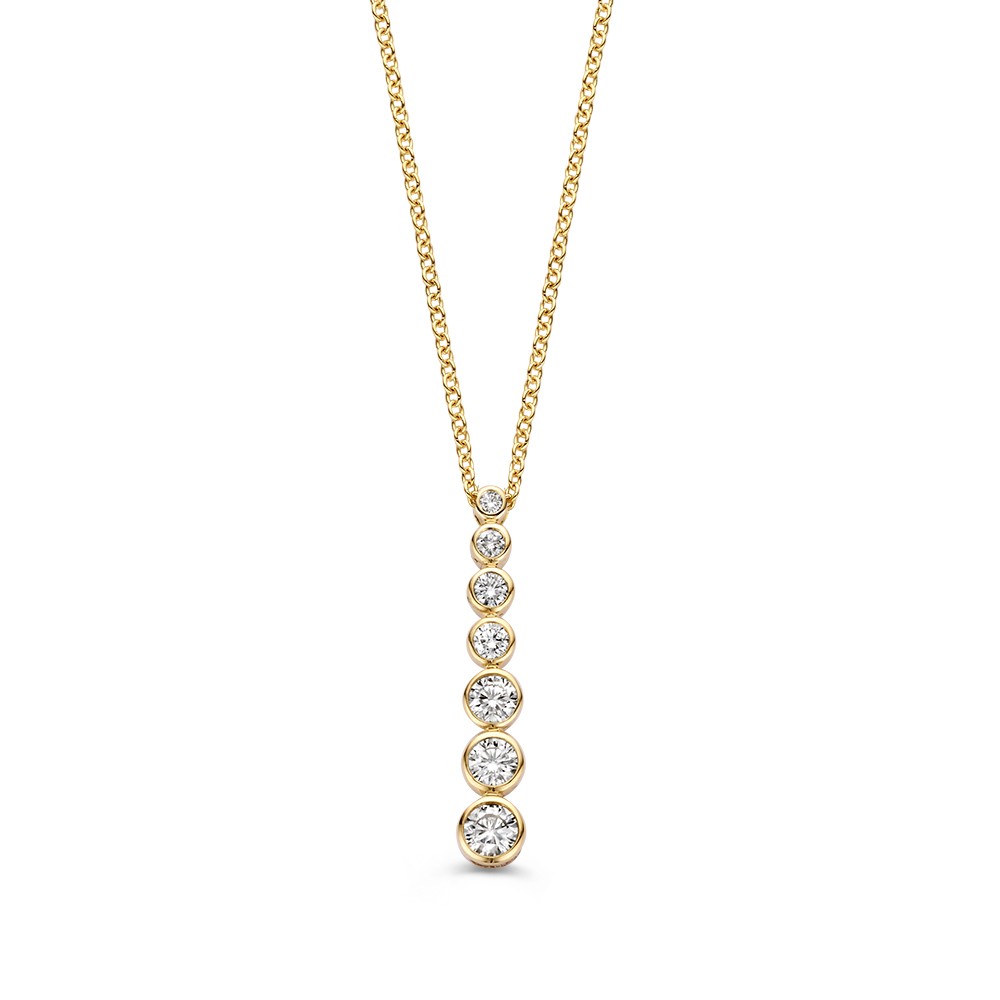 Schitterende diamanten collier met briljanten in oplopende grootte, gezet in stijlvolle zetkasten.
