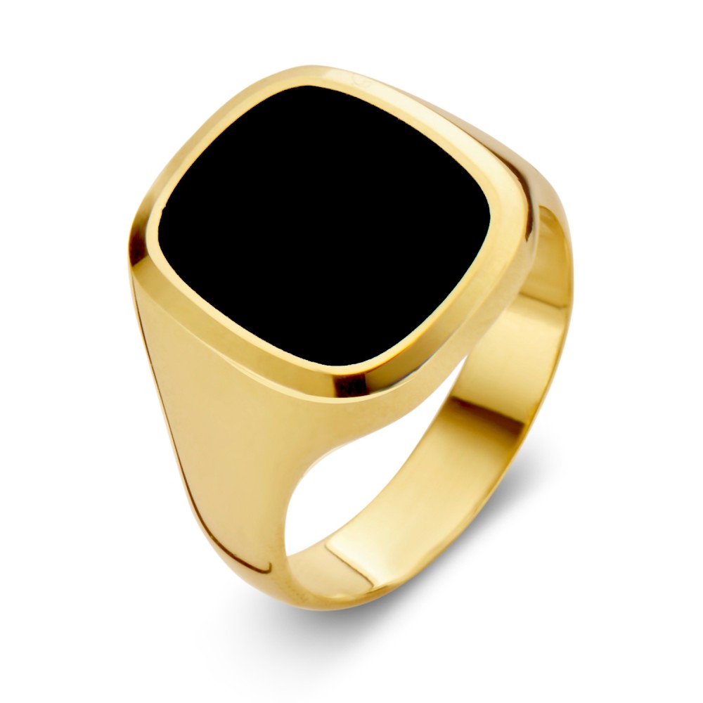 Geelgouden heren zegelring met zwarte onyx. Model stomphoek.
