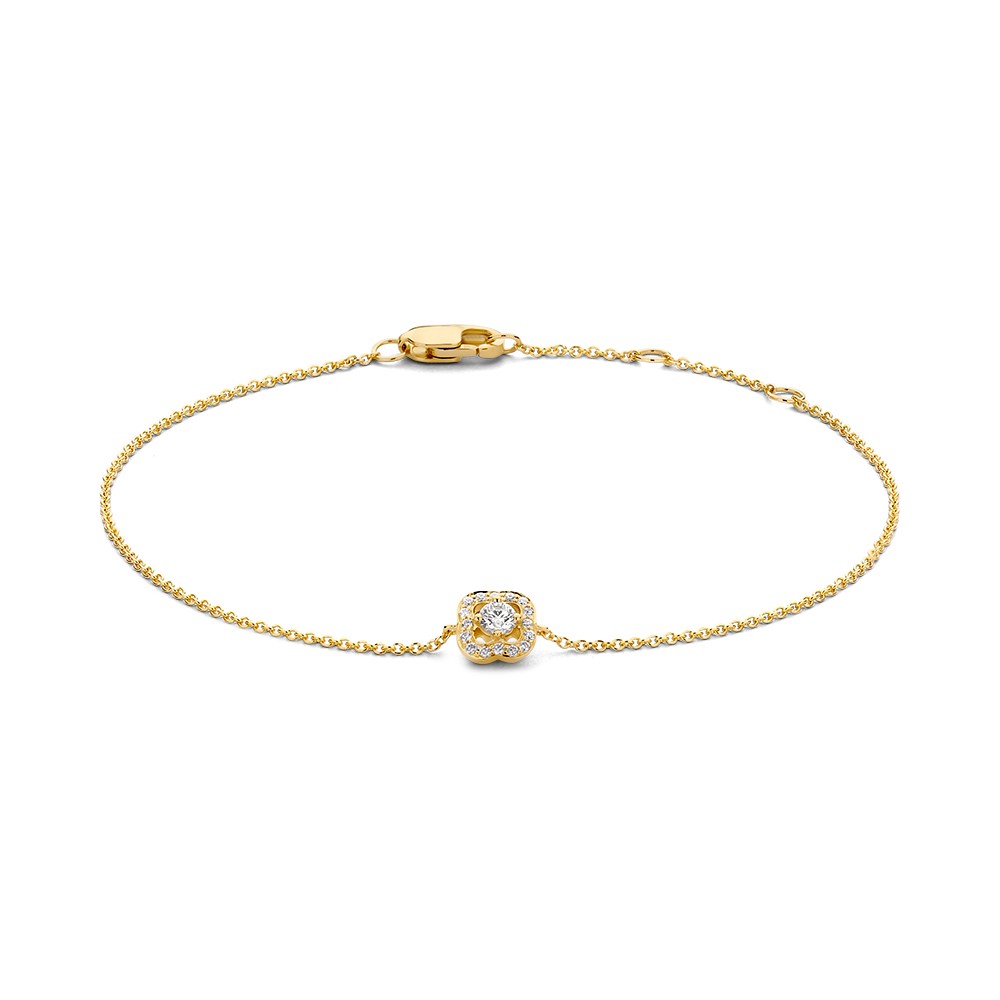 Fijne armband met diamant in bloemvormige entourage zetting.

