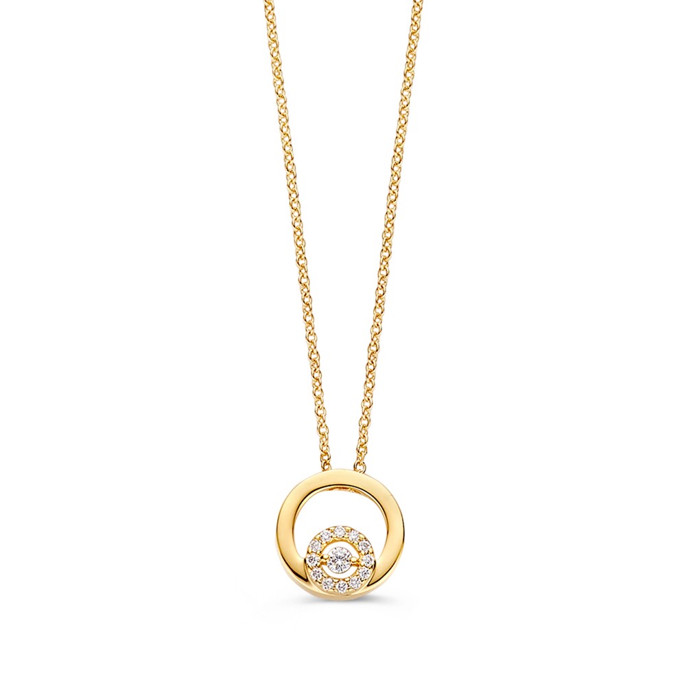 Verfijnd gouden collier met een speelse hanger gezet met briljant.
