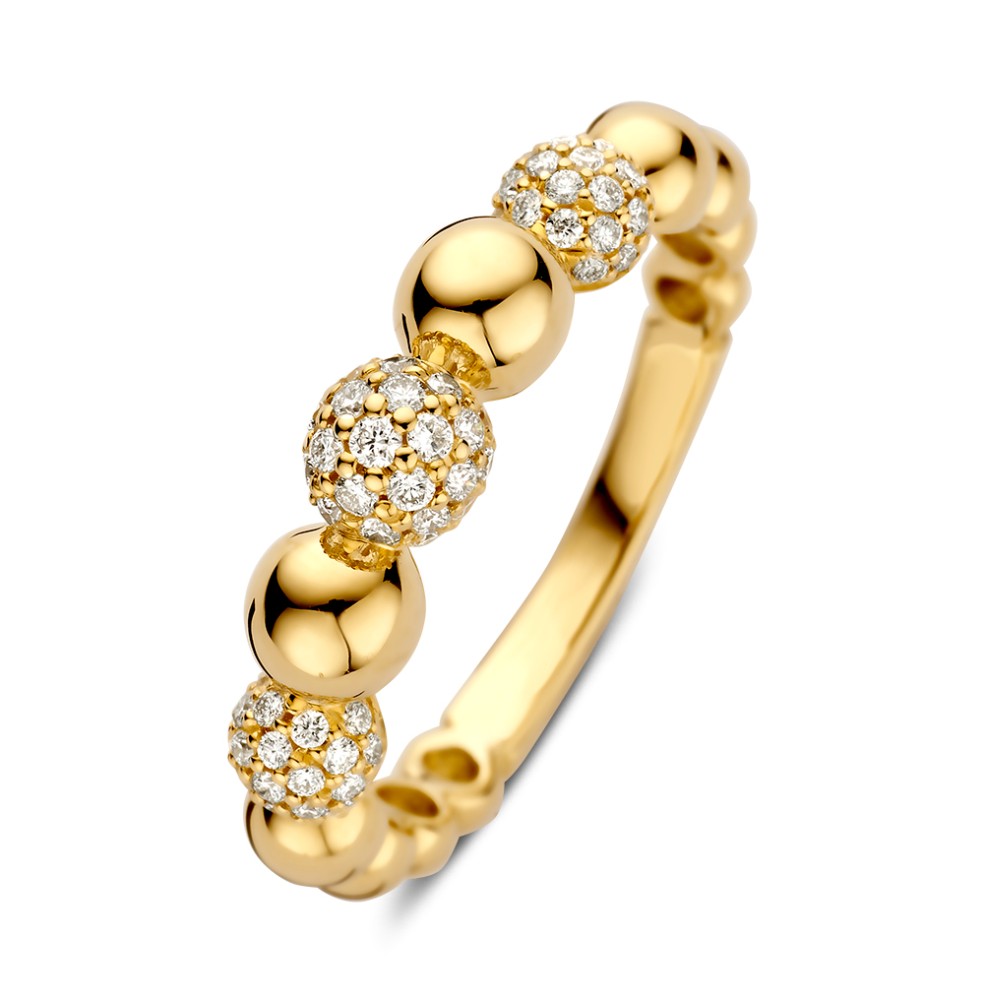 Geelgouden ring met een design van ronde bolletjes en gezet met fijne briljanten. Prachtig om zo te dragen, maar ook prefect in combinatie met andere ringen.
