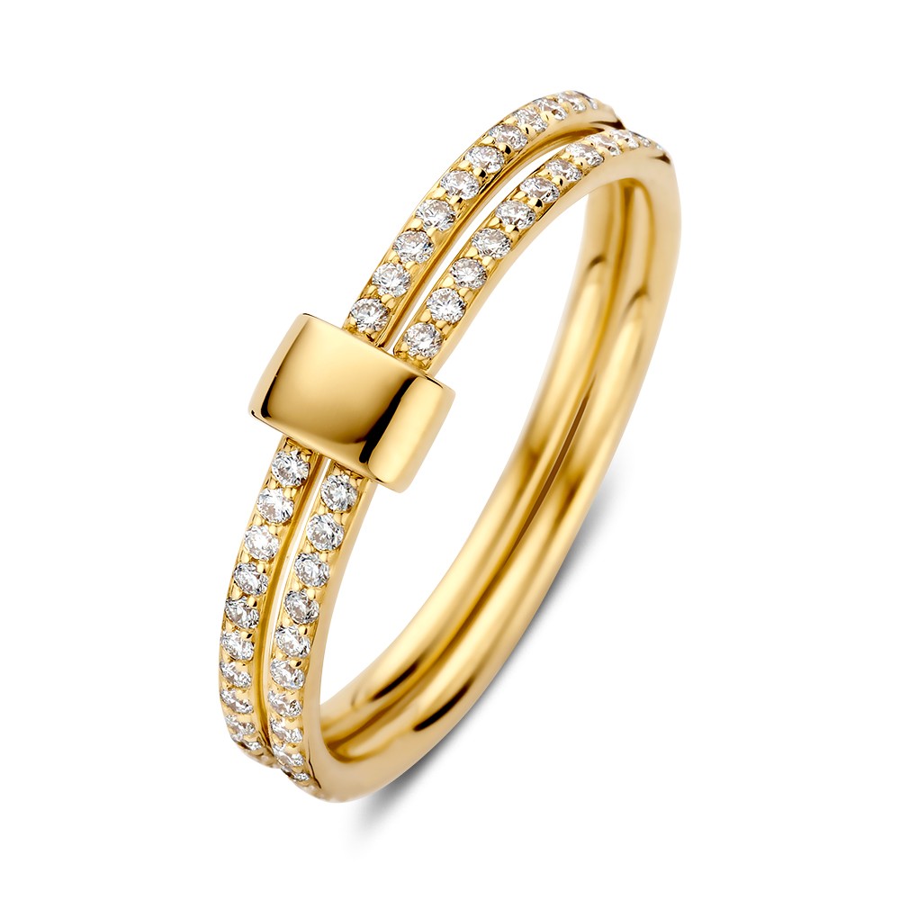Geelgouden ring met dubbele band, de twee ringen kunnen los van elkaar bewegen en worden verbonden door een gouden element. Een prachtige symbolische ring met een schitterende uitstraling.
