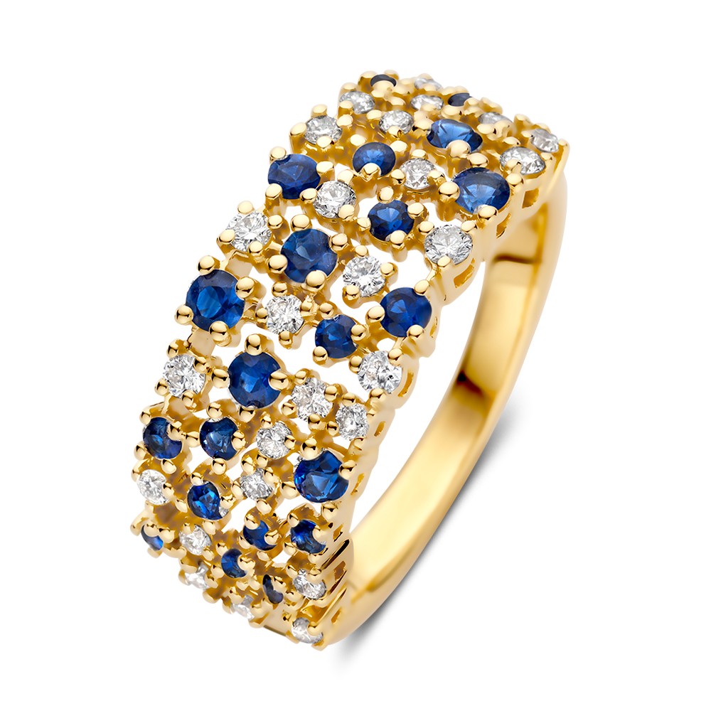 Schitterende ring met diamanten en blauwe saffieren op speelse wijzegezet als een fonkelende sterrenhemel.
