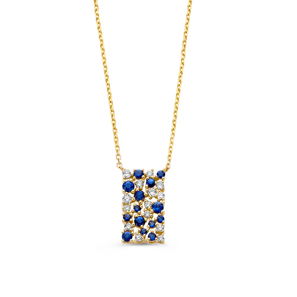 Verfijnd gouden collier met een bijzondere hanger op verfijnde wijze gezet metdiamanten en blauwe saffierenals een fonkelende sterrenhemel.
