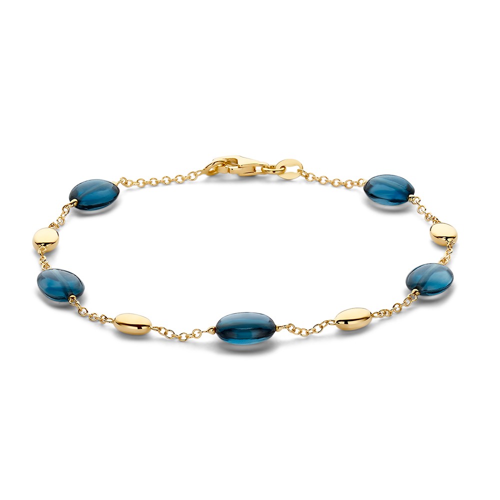 Kleurrijke, geelgouden armband met prachtig gekleurde london blue topazen.
