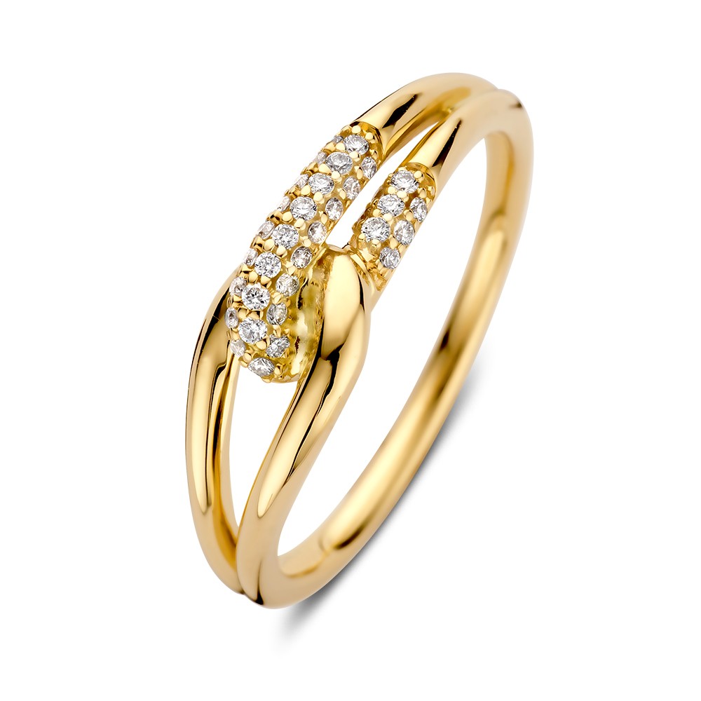 Speelse geelgouden ring met gevlochten knoop, deels gezet met fonkelende diamanten.
