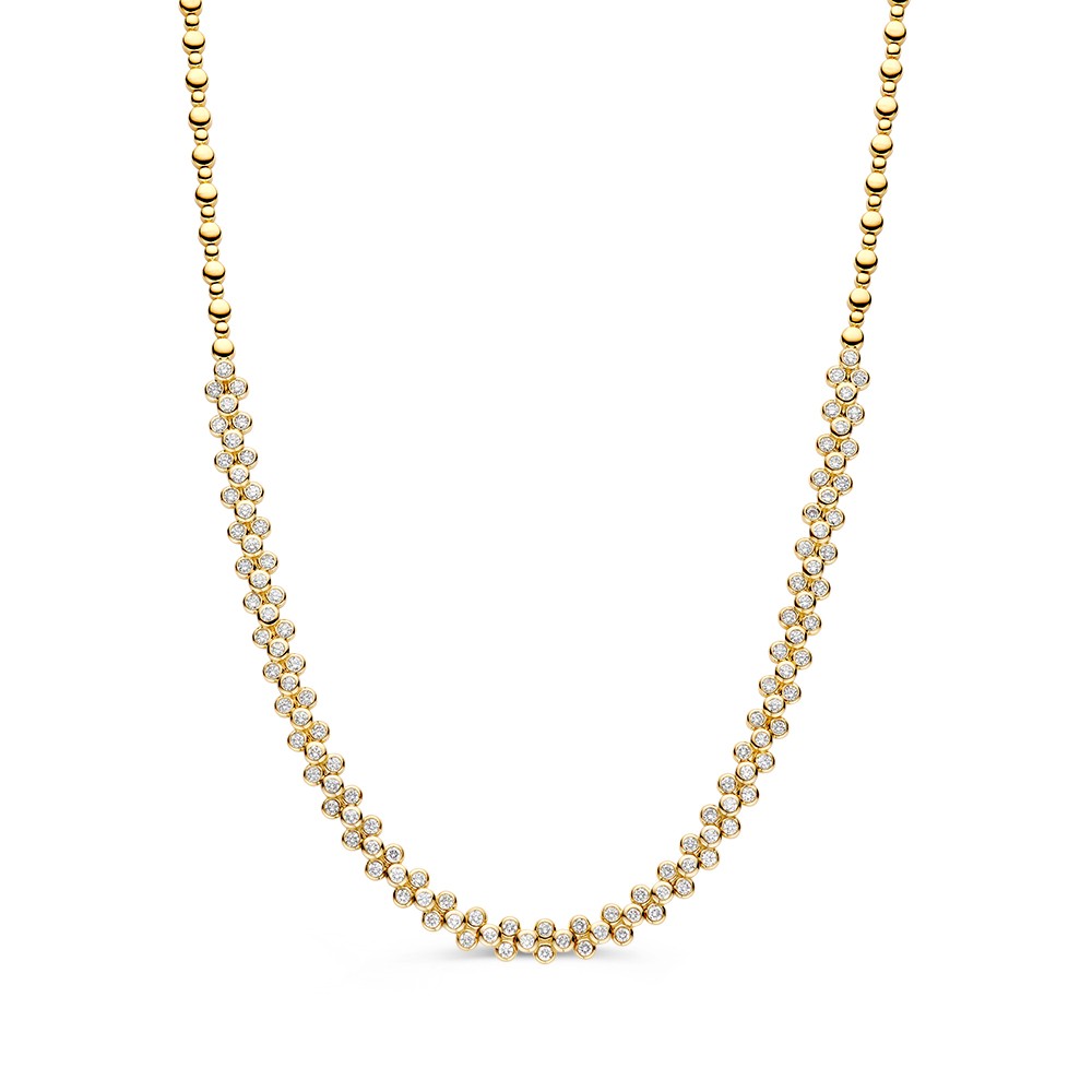 Schitterend juweel voor om de hals. Dit collier is onderdeel van onze 'Bubbles'-collectie en bevat diamanten in speelse ronde zetkasten.

