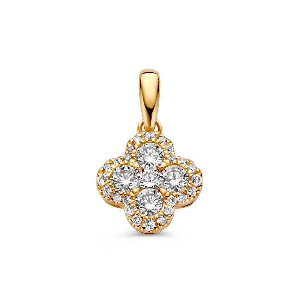 Stijlvolle gouden hanger met diamanten in een opvallende bloemvormige zetting.
