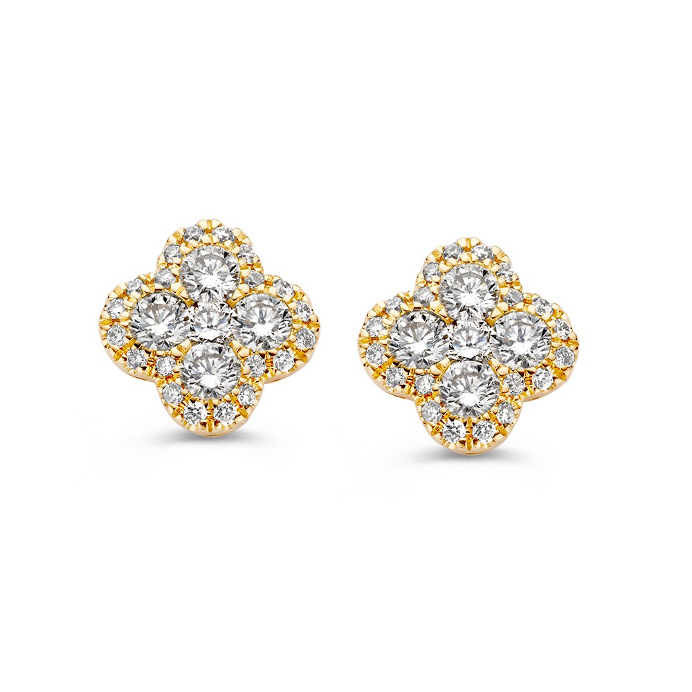 Stijlvolle gouden oorstekers met diamanten in een opvallende bloemvormige zetting.
