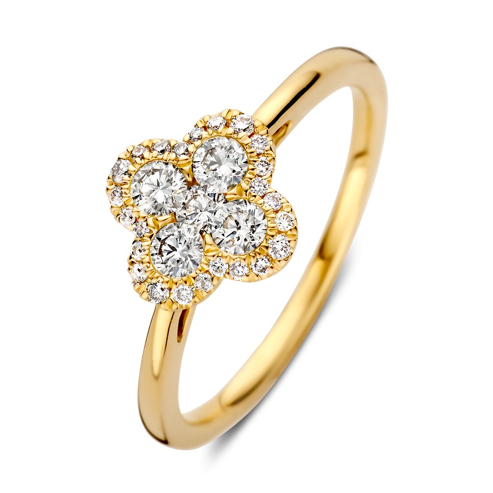 Stijlvolle gouden ring met diamanten in een opvallende bloemvormige zetting.
